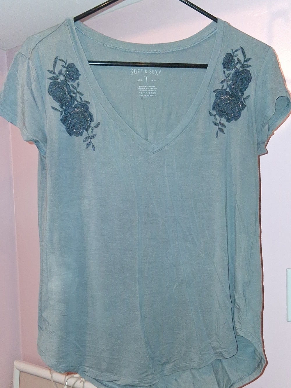 Women's Light Teal V-Neck Short Sleeve Tee with Embroidered Floral Detail